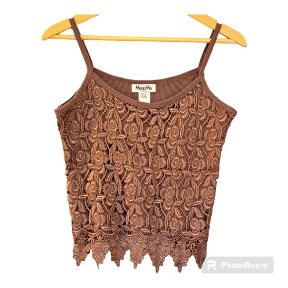 MaxiMa Y2K 90's Taupe Floral Eyelet Ribbed Spaghetti Top Size Large - Picture 1 of 13